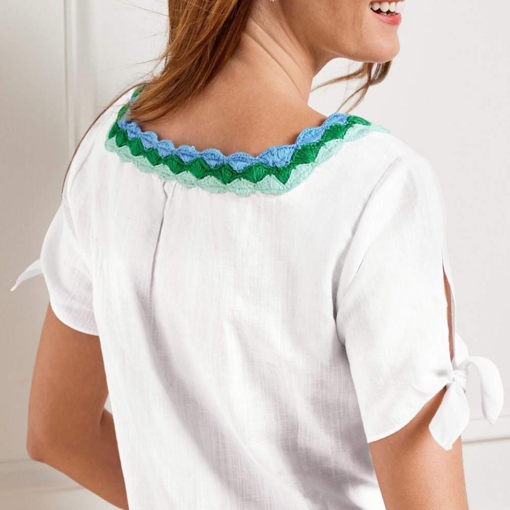 Talbots Women Plus 3X Crochet Trim Linen Top Resort Beachy Short Sleeve Popover - Picture 2 of 11